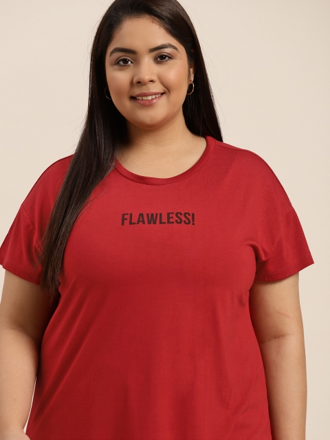 

Sztori Women PLus Size Maroon & Black Typography Printed Drop-Shoulder Sleeves T-shirt