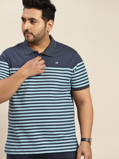 

Sztori Men Blue Plus Size Pure Cotton Striped Polo Collar T-shirt