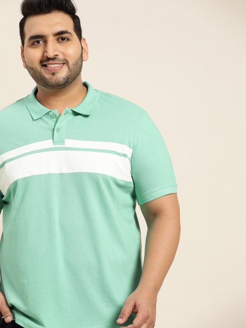 

Sztori Men Plus Size Green & White Striped Cotton Polo Collar T-shirt