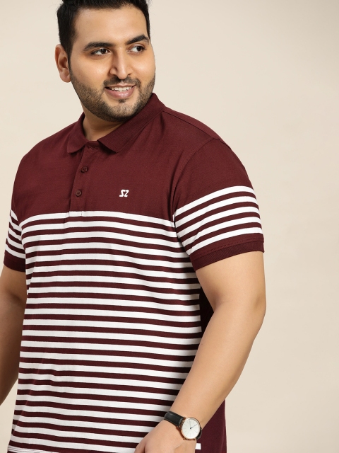 

Sztori Plus Size Men Maroon & White Striped Pure Cotton Polo Collar T-shirt