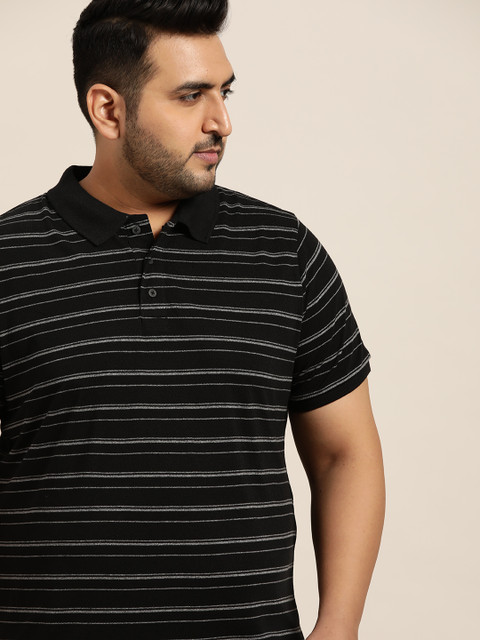 

Sztori Men Plus Size Black & Grey Striped Polo Collar T-shirt