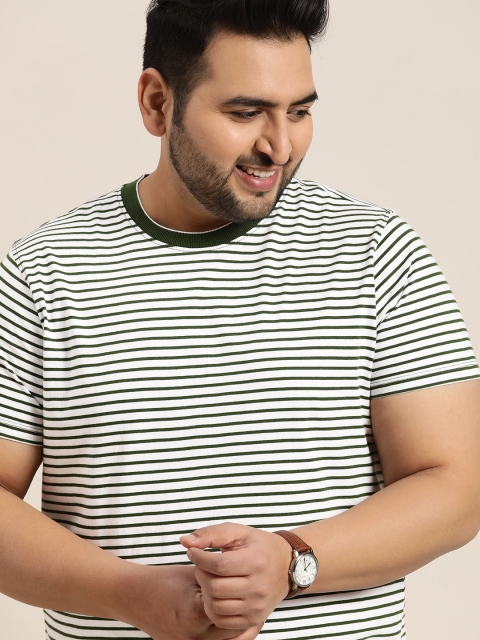 

Sztori Men Plus Size White & Olive Green Pure Cotton Striped T-shirt