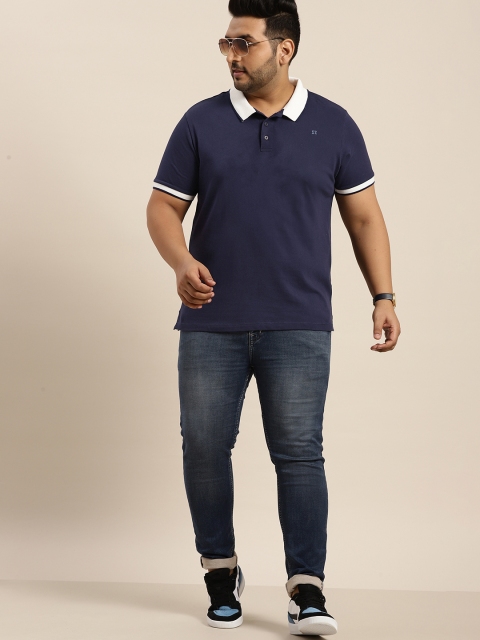 

Sztori Men Plus Size Navy Blue Solid Cotton Polo Collar T-shirt
