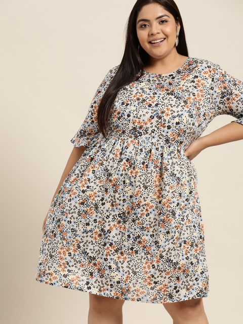 

Sztori Women Plus Size Off-White & Blue Floral Pure Cotton A-Line Dress