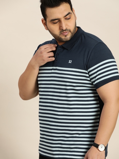 

Sztori Plus Size Men Navy Blue Striped Pure Cotton Polo Collar T-shirt
