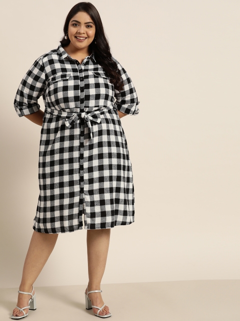 

Sztori Plus Size Black & White Checked Cotton Shirt Midi Dress With Belt