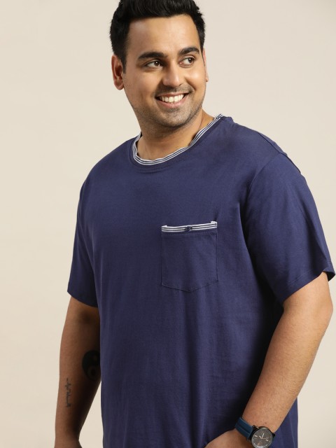 

Sztori Men Plus Size Navy Blue Solid Pure Cotton T-shirt