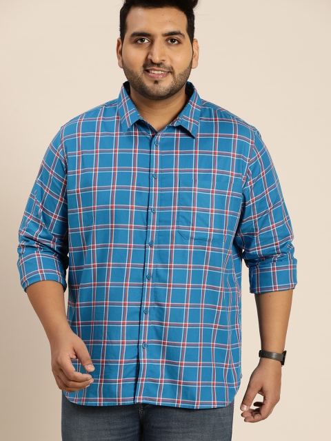 

Sztori Men Plus Size Navy Blue & White Pure Cotton Colourblocked Casual Shirt
