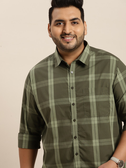 

Sztori Men Plus Size Green Windowpane Checked Pure Cotton Casual Shirt