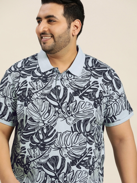 

Sztori Plus Size Men Blue Tropical Printed Pure Cotton Polo Collar T-shirt