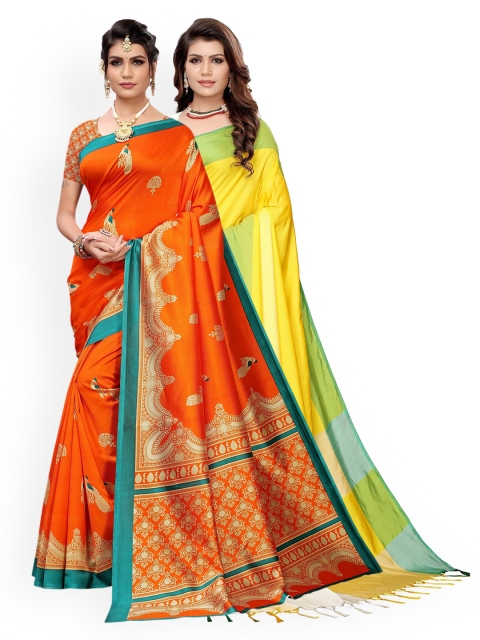 

KALINI Pack Of 2 Orange & Yellow Ethnic Motifs Art Silk Sarees