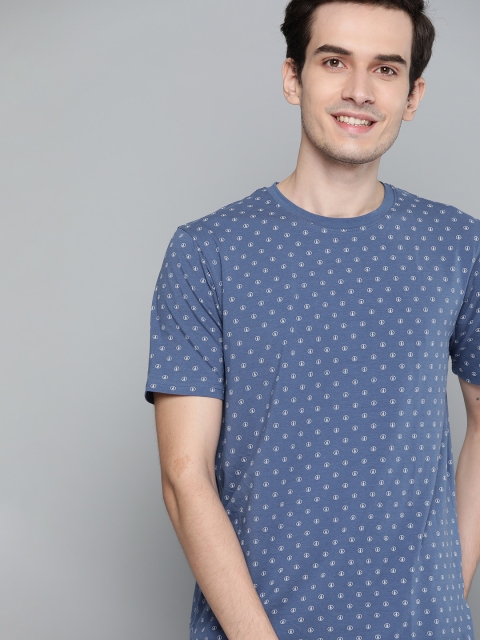 

Mast Harbour Men Blue White Printed Pure Cotton T-shirt