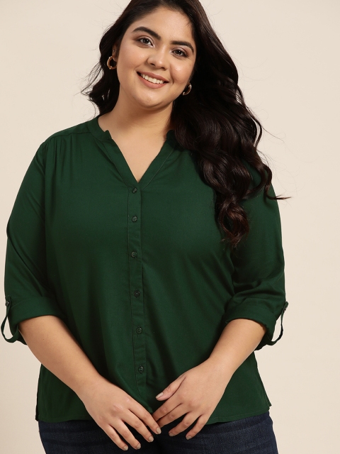 

Sztori Women Plus Size Green Solid Opaque Casual Shirt