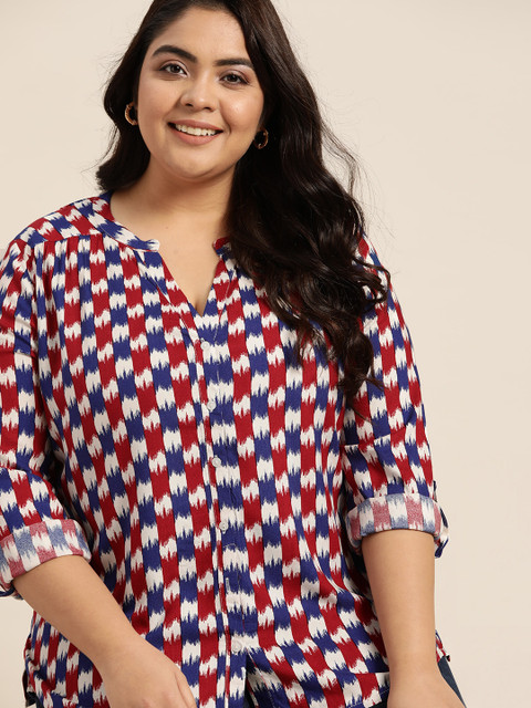 

Sztori Women Plus Size Red & Blue Opaque Printed Casual Shirt