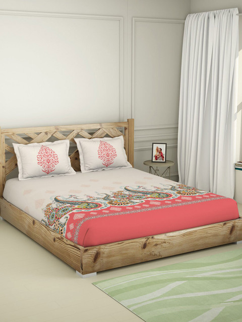 

SPACES White & Red Ethnic Motifs 144 TC King Bedsheet with 2 Pillow Covers