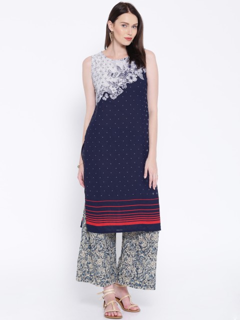 

Vishudh Navy & Off-White Printed Polyester Kurta, Navy blue