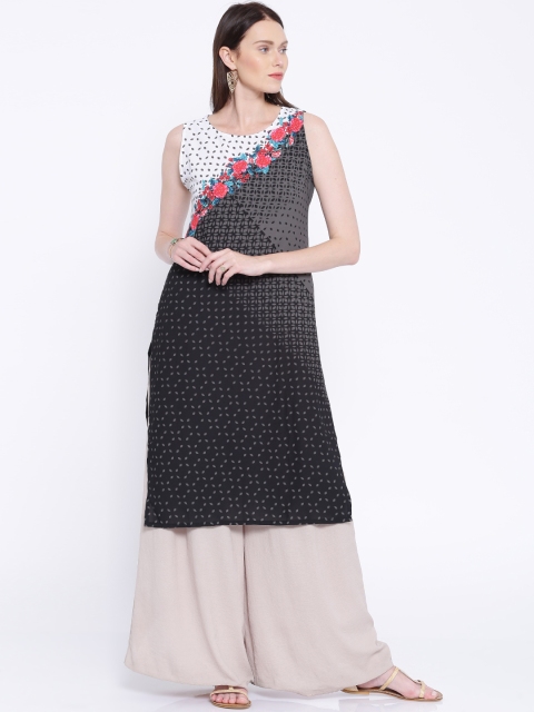 

Vishudh Women Black & White Geometric Print with Floral Detail Straight Kurta