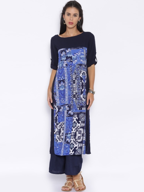 Vishudh Women Navy Blue Printed Straight Kurta available at myntra for Rs.379
