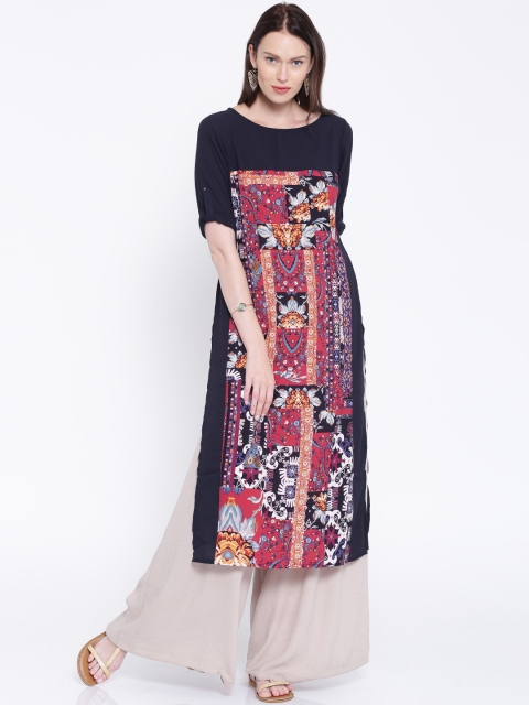 

Vishudh Navy Printed Polyester Kurta, Navy blue