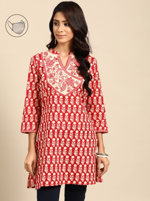 

RANGMAYEE Women Red & White Ethnic Motifs Printed Pure Cotton Angrakha Kurti