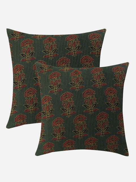 

Molcha Green & Red Set of 2 Hand Crafted Ajrak Square Cushion Covers