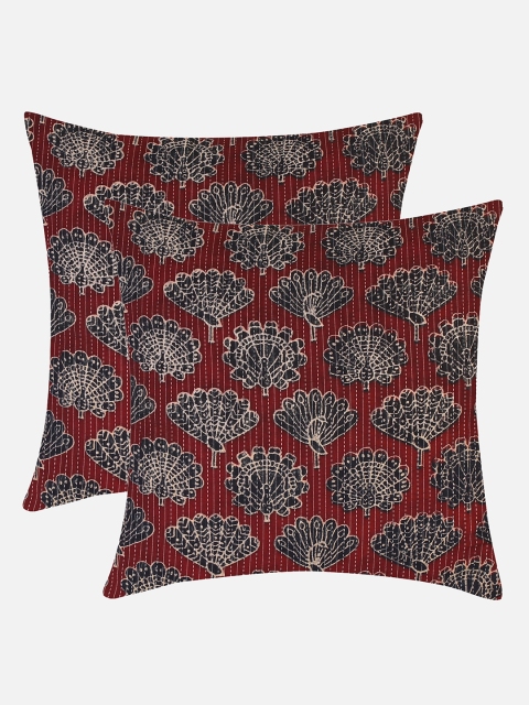 

Molcha Set Of 2 Maroon & Navy Blue Ethnic Motifs Square Cushion Covers