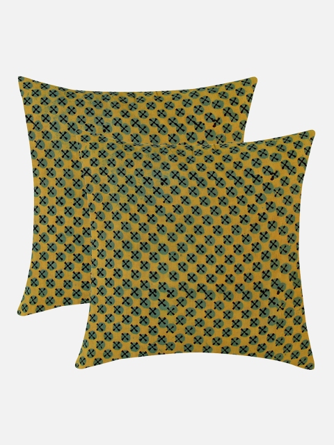 

Molcha Set Of 2 Green & Yellow Hand Crafted Ajrak Square Cushion Covers