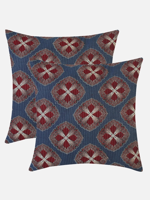 

Molcha Blue & Red Set of 2 Ajrak Printed Square Cushion Covers