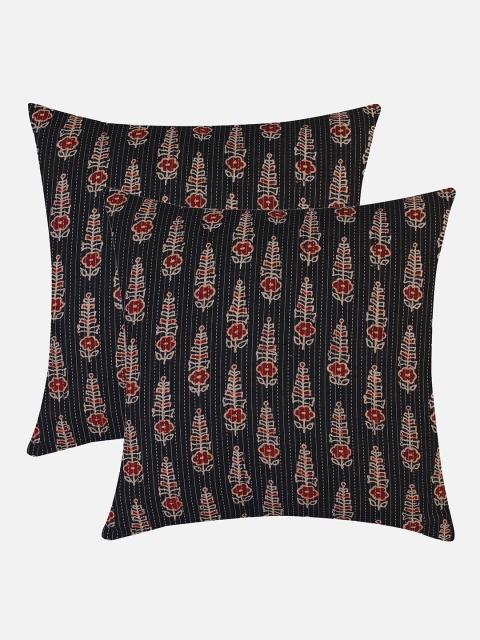 

Molcha Black & Red Set of 2 Phool Bela Hand Crafted Ajrak Square Cushion Covers