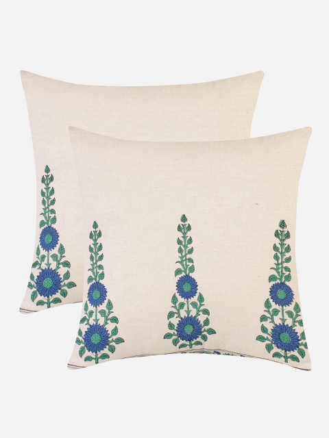 

Molcha Set Of 2 Off White & Blue Ethnic Motifs Square Cushion Covers