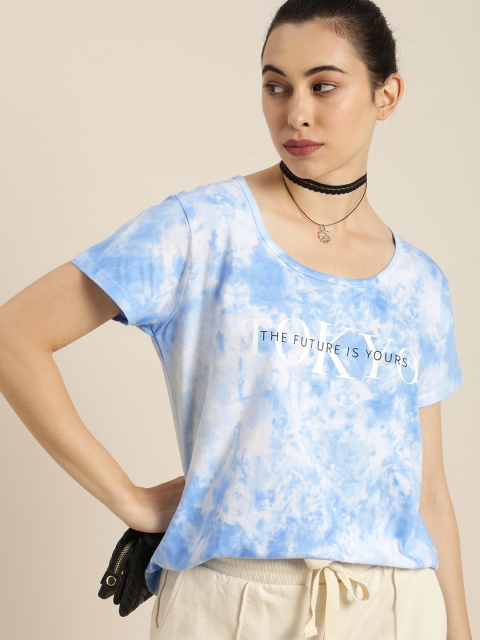 

Moda Rapido Women Blue White Tie and Dye Dyed Pure Cotton T-shirt