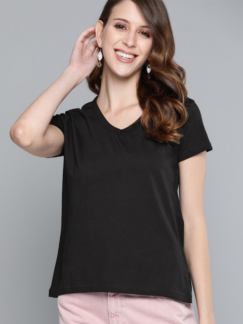 

HERENOW Women Black Solid Pure Cotton V-Neck Pure Cotton T-shirt