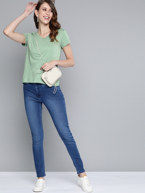 

HERENOW Women Green Solid Pure Cotton V-Neck Pure Cotton T-shirt