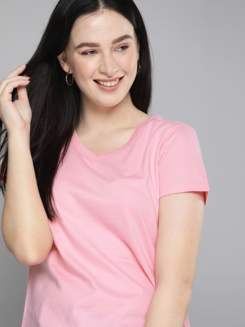 

HERENOW Women Pink V-Neck Organic Cotton Pure Cotton T-shirt