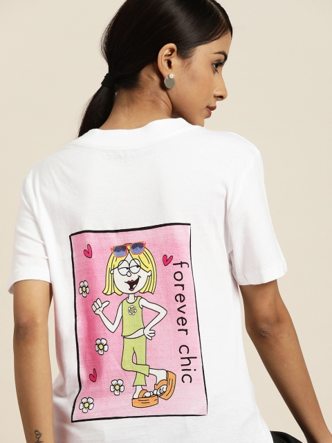 

Moda Rapido Women White & Pink Cotton Disney Printed Back T-shirt