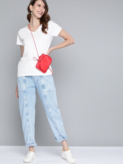 

HERENOW Women White Solid Pure Cotton V-Neck Pure Cotton T-shirt
