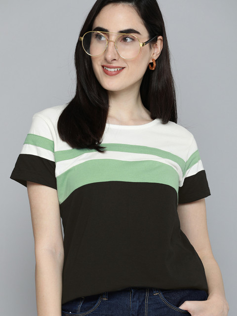 

HERENOW Women Black Sea Green Colourblocked Pure Cotton Casual Pure Cotton T-shirt