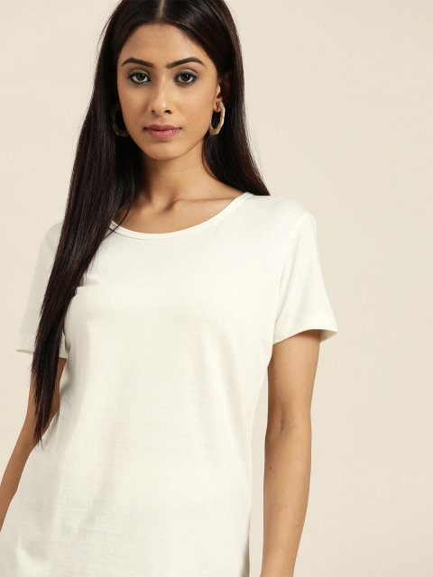 

Moda Rapido Women Off-White Pure Cotton Solid Pure Cotton T-shirt