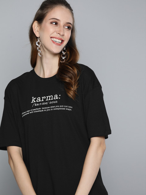 

HERE&NOW Women Black Typography Cotton Drop-Shoulder Sleeves Boxy T-shirt