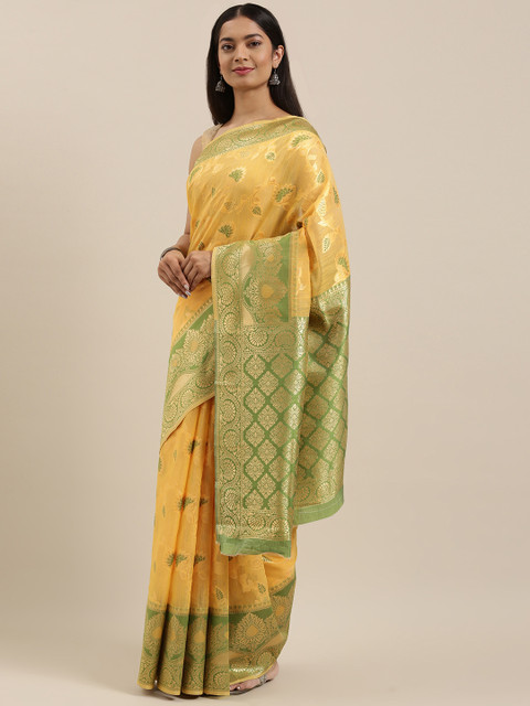 

cbazaar Yellow & Green Ethnic Motifs Zari Silk Cotton Saree