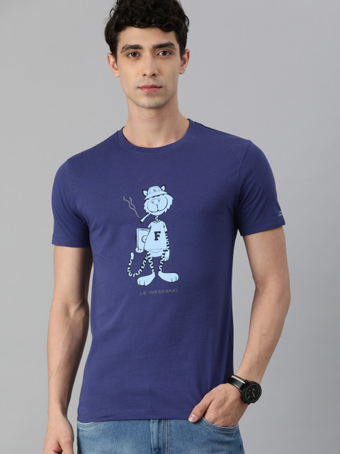 

French Connection Men Navy Blue Printed Slim Fit Pure Cotton T-shirt