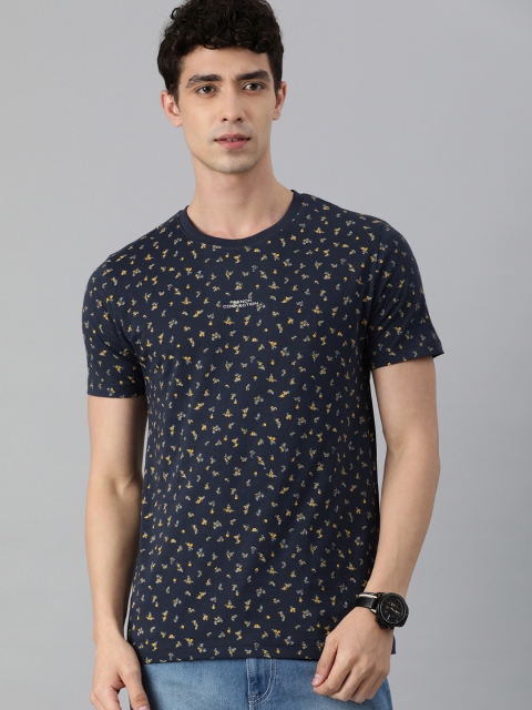 

French Connection Men Blue Yellow Floral Printed Slim Fit Pure Cotton T-shirt