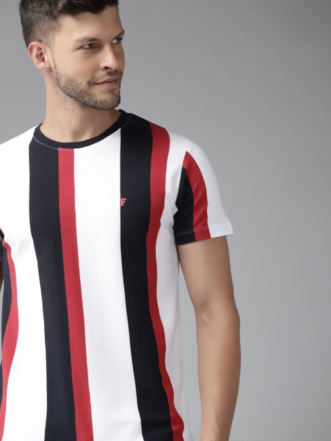 

French Connection Men White & Navy Blue Striped Cotton Slim Fit T-shirt