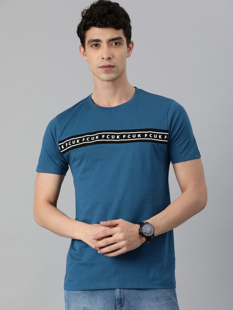 

French Connection Men Blue Brand Logo Printed Slim Fit Pure Cotton T-shirt