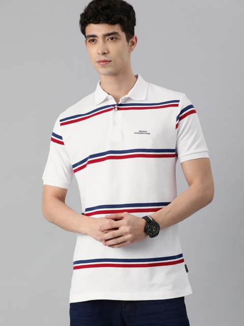 

French Connection Men White & Navy Blue Striped Polo Collar Slim Fit T-shirt