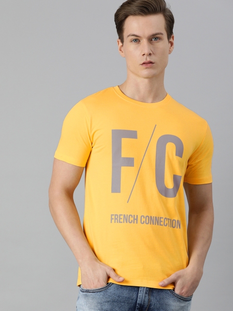 

French Connection Men Yellow Typography Printed Slim Fit Pure Cotton T-shirt