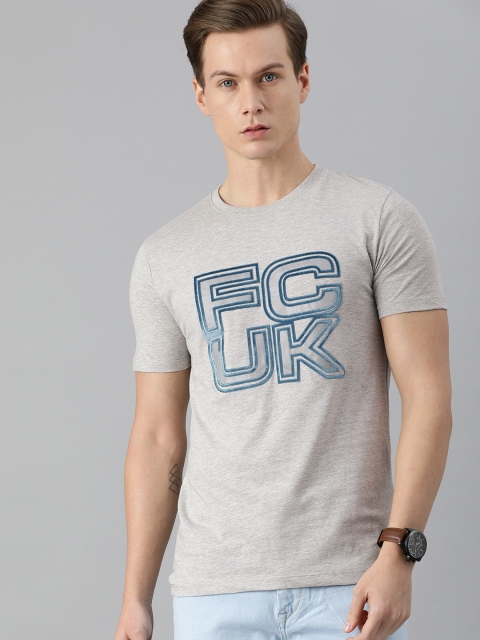 

French Connection Men Grey Typography Printed Slim Fit Pure Cotton T-shirt