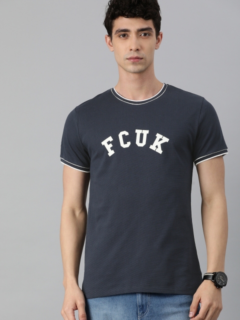 

French Connection Men Navy Blue Brand Logo Printed Slim Fit Pure Cotton T-shirt