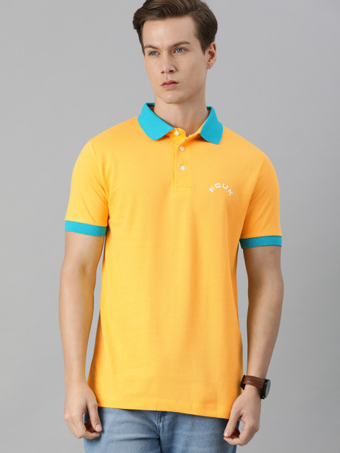 

French Connection Men Yellow Polo Collar Slim Fit Pure Cotton T-shirt