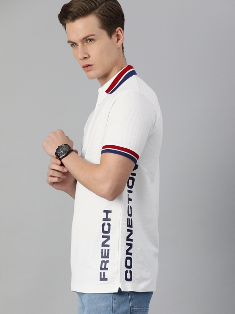 

French Connection Men White Typography Printed Polo Collar Slim Fit Pure Cotton T-shirt